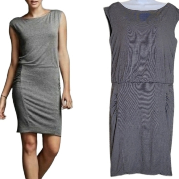 Athleta Dresses & Skirts - Athleta Westwood Dress Micro Stripe Gray Sleeveless Ruched Size M